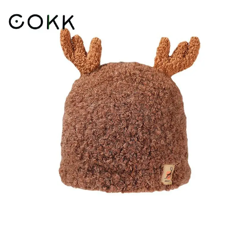 

COKK Christmas Antler Winter Hats For Women Beanie Knitted Velvet Thick Keep Warm Bonnet Ear Protection Winter Cap Female Casual