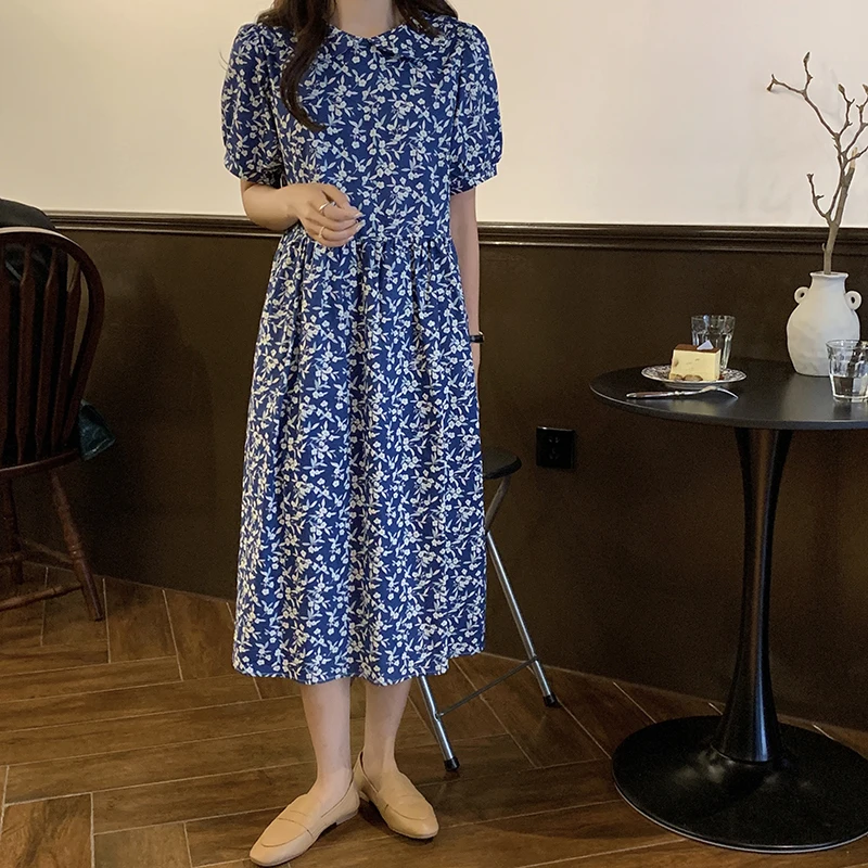 

COIGARSAM Dresses Women Korea Style Vintage Floral Print Loose Peter Pan Collar White Blue Dress Dropshipping