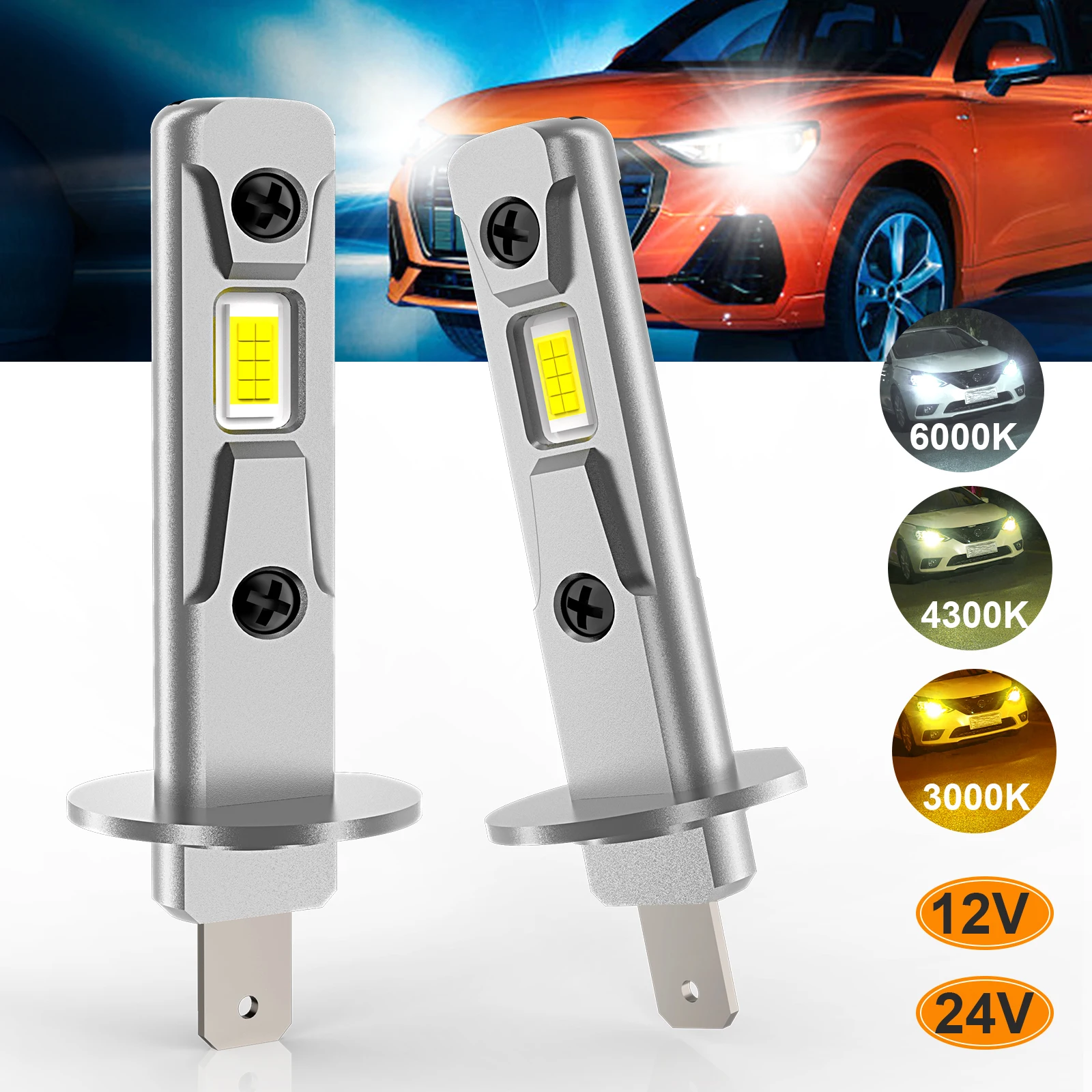 

IVOTOW 2 упаковки H1 светодиодные лампы Canbus без ошибок мини безвентиляторная замена автомобильных фар 12 В/24 В CSP 3000 К желтый/4300 К теплый белый/60