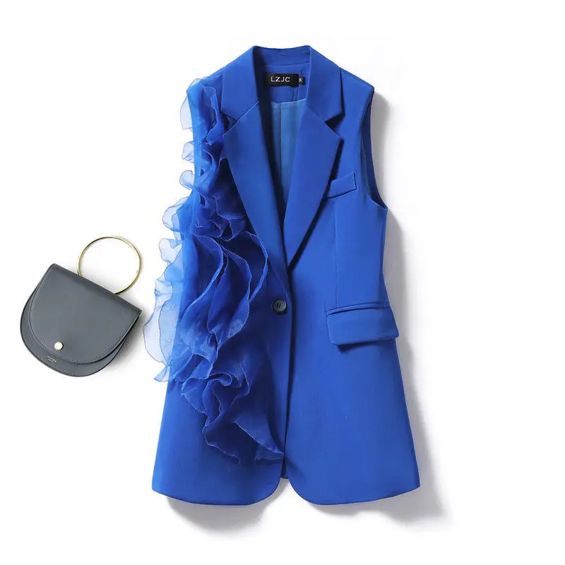 

2022 Women's Spring Autumn New Patchwork Vest Jackets Female Thin Suit Sleeveless Coat Ladies Single Button Vest Waistcoat J142