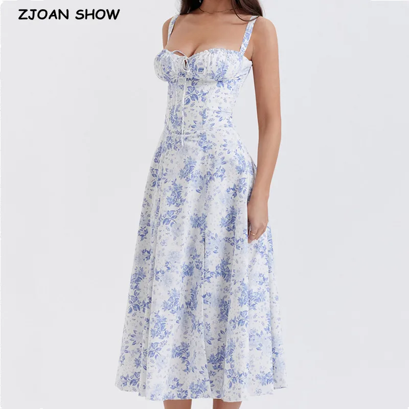

Sexy Cross Lacing up Bandage Back Blue White Flower Print Corset Style Sling Dress Bow Ruched Chest Hem Slit A-Lined Midi Robe