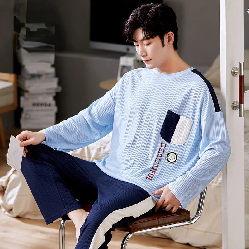 Spring Autumn Knitted Cotton Long Sleeved Men's Pajamas Sets Male Pajama Set Letter Pajama For Men Sleepwear Suit Homewear 3XL