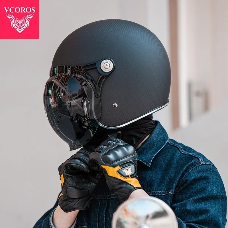 

VCOROS Углеродное волокно Ретро мотоциклетный шлем Полуоткрытый шлем из стекловолокна Cascos para motos Сертификация DOT