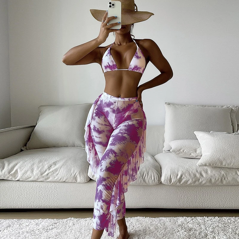 

Купальник-бикини женский из трех предметов, пикантный треугольный костюм с лямкой на шее, с открытой спиной и сетчатыми длинными брюками-го...