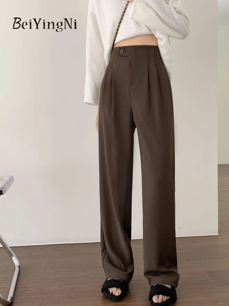 

Beiyingni Luxury Elegant Suit Pants for Women 2023 Slim Buttons High Waisted Long Wide Leg Pant Female Vintage Ruched Trousers