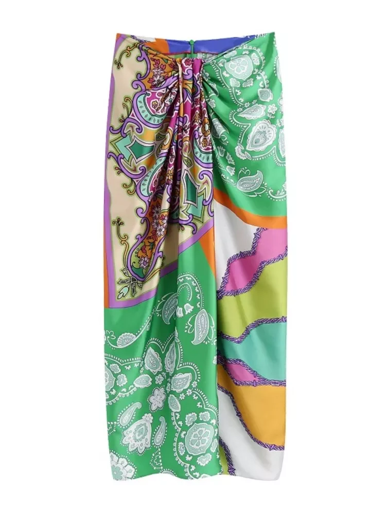 

2022New Vintage Women Elegant Cloth Patchwork Floral Print Knotted Sarong Skirt Faldas Mujer Female Back Zipper Chic Slim Vestid