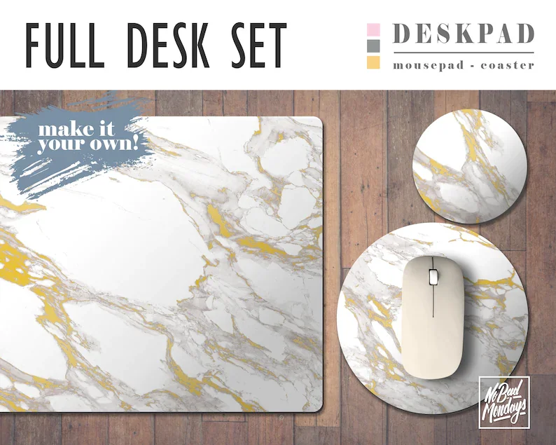 

White Marble and Gold Print Desk Mat, Mouse Pad & Coaster Set -Desk Accessory Set