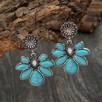 national silver round inlaid natural gem earrings retro bohemian flower drop turquoise earrings earrings for women