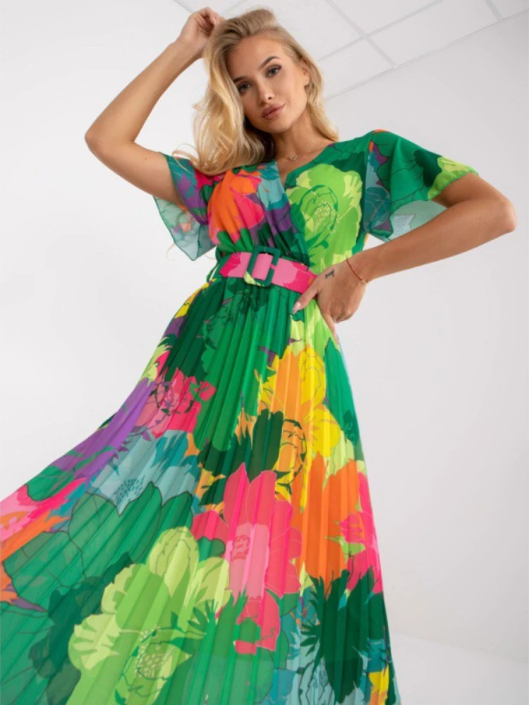 

Women's Summer Dress New Summer V-neck Dress Women's Printed High Waist Pleated Skirt Fashion Holiday Party Dress Dresses Robe
