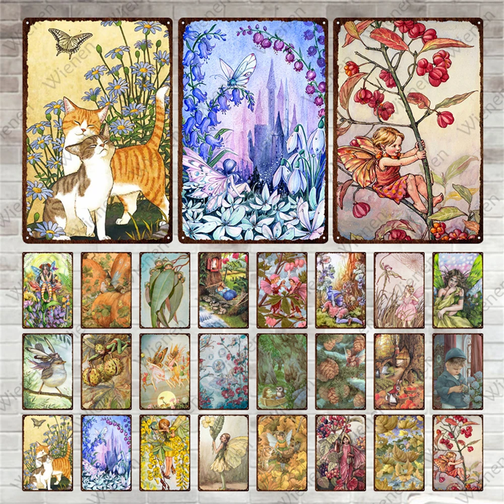

Flower Fairy Retro Metal Sign Flowers Cat Tin Sign Shabby Chic Vintage Plaque Plates for Garden Home Wall Decor Tin Poster