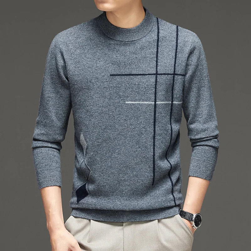100% Pure Wool Men's Sweater Padded Pullover Cashmere Sweater O-Neck Long Sleeve Warm Coat Bottoming In Autumn And Winter.