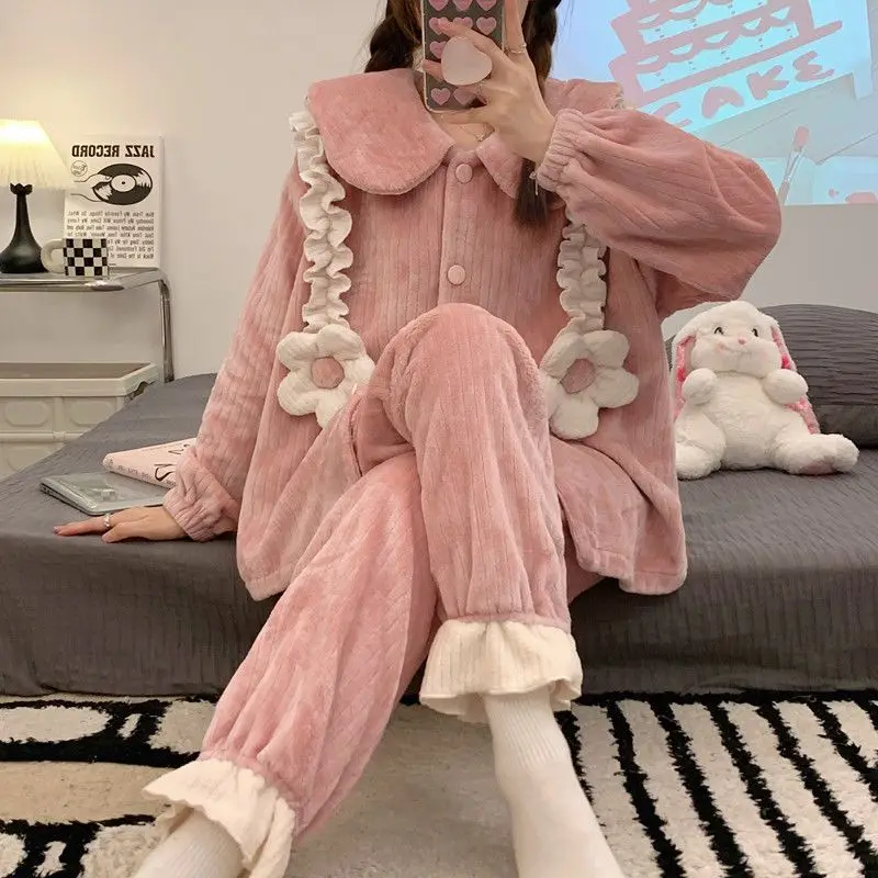 

Floral Women Pajamas Set for Women Fleece Sleepwear Korean Suit Winter Piiama 2 Pieces Ruffles Pyjamas Button Cute Night Wears