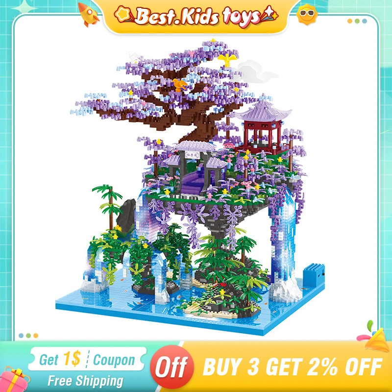 World Architecture Building Blocks Tree Island Waterfall Pool With Lights Mini Diamond Puzzle Brick Toys For Boy Girl Kids Gift