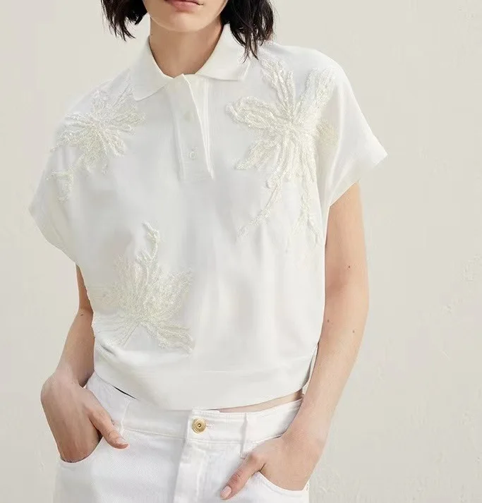 Женский топ с вышивкой Повседневная футболка отложным воротником и коротким