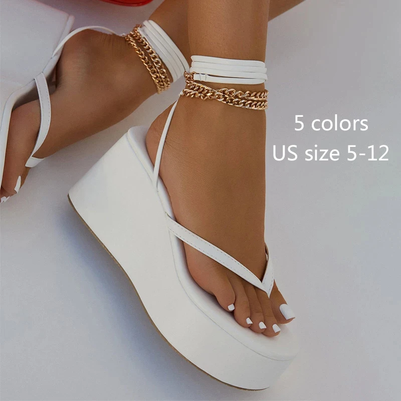 

Herringbone Clip Toe Women's Sandals Round Toe Platform Metal Chain Wedge Sandals Party Ankle Strap High Heels Shoe Accessories