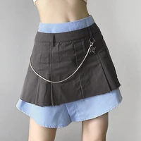 weiyao patchwork color women kawaii mini skirt high waist with chain korean casual student pleated skirts y2k sweet preppy