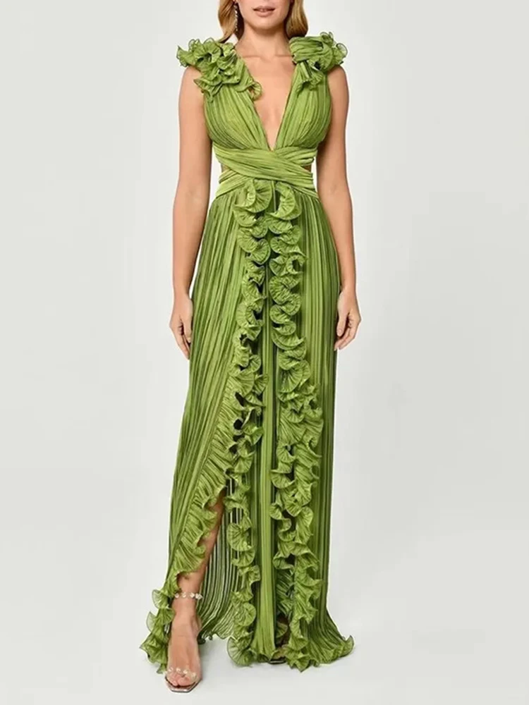 Женское лоскутное платье без рукавов VGH однотонное с глубоким V-образным вырезом