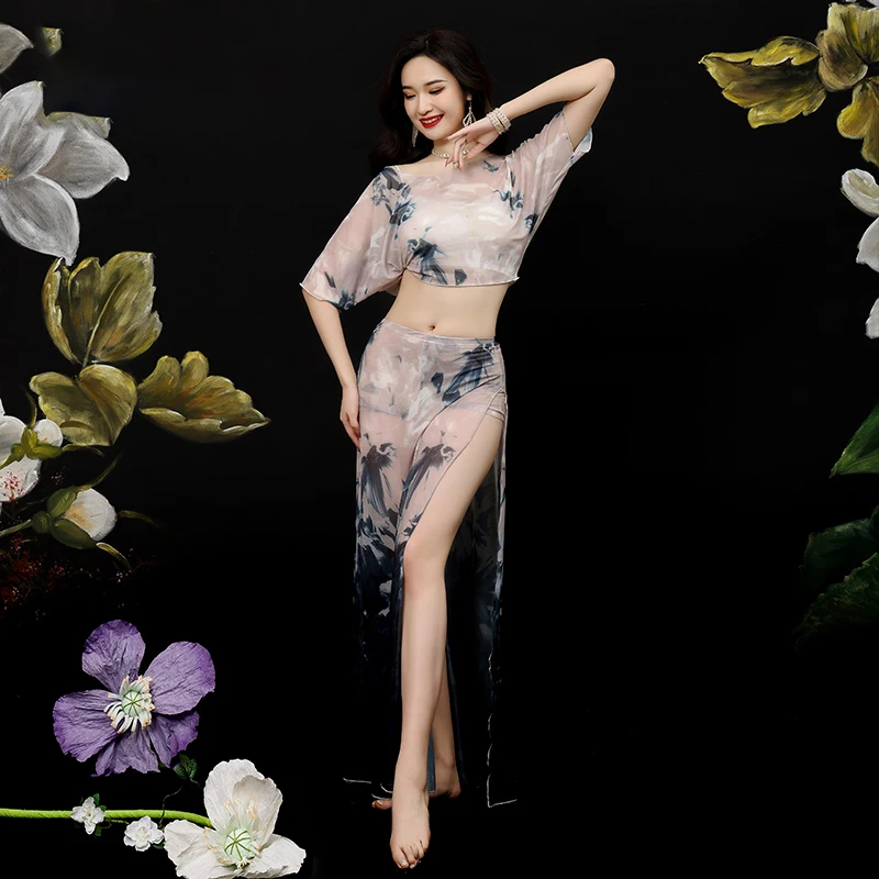 

Женский костюм для восточных тренировок, костюм для танца живота, однотонный костюм с длинной юбкой и разрезом, одежда