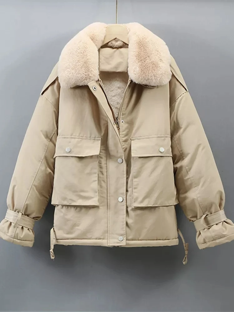 

Short Cotton Fur Liner Parkas Coat 2023 New Winter Jacket Women Casual Thick Warm Parka Ladies Lapel Solid Padded Snow Outwear