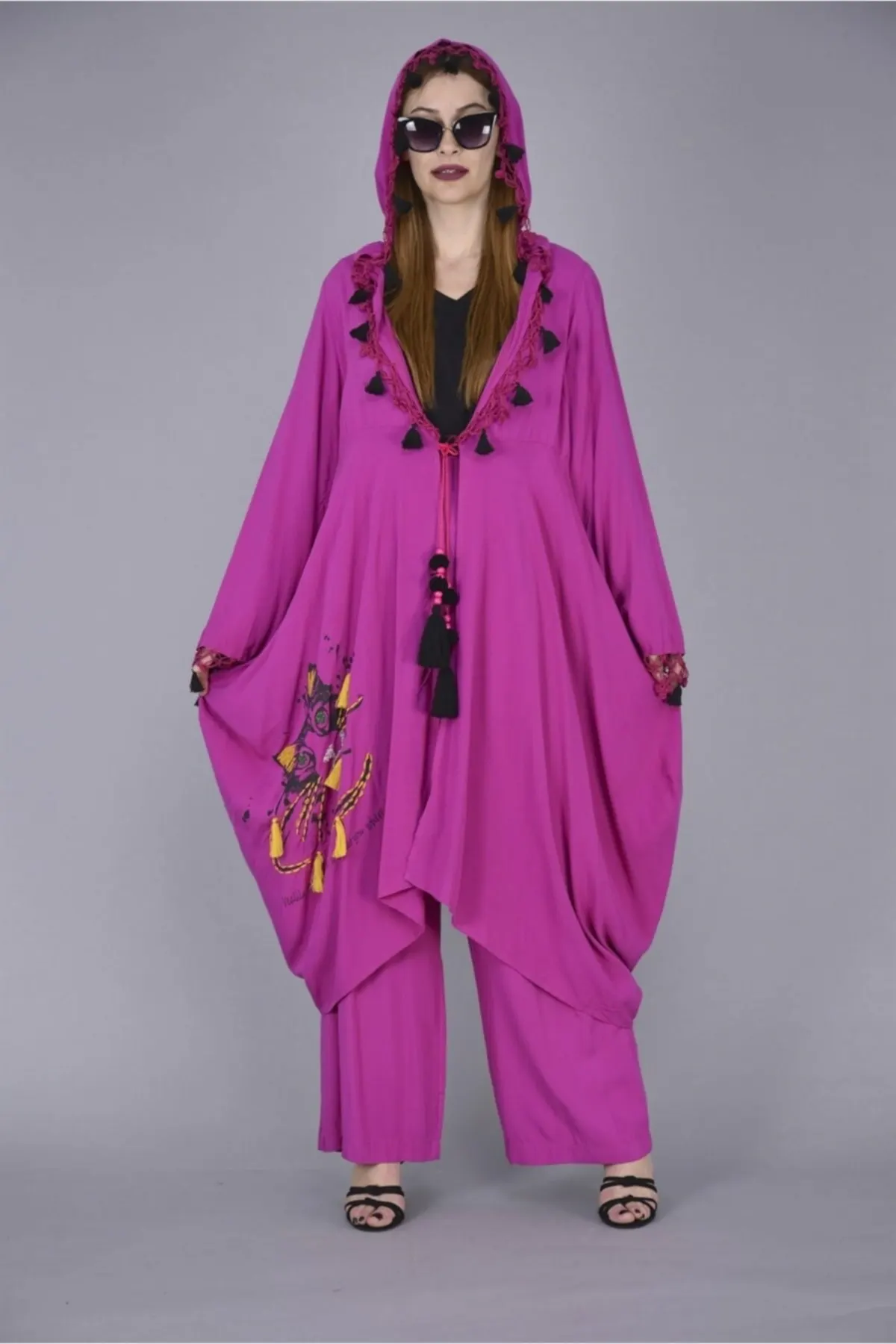

Women's Kimono Hooded embroidery Cap Pants Set Fashion Bathrobe For Ladies