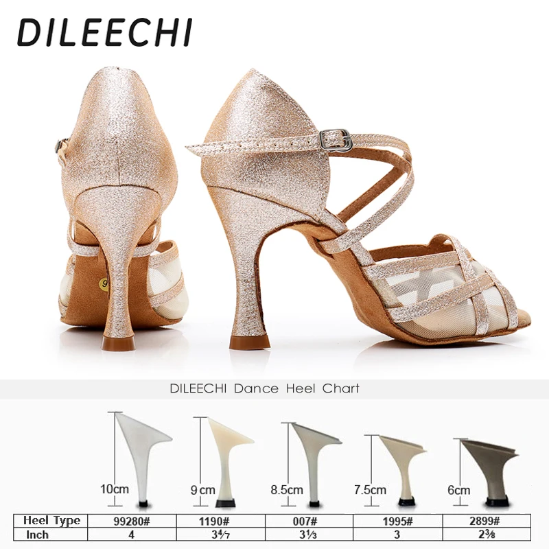 DILEECHI Latin dance shoes Women Light Gold Flash Glitter Cuba High Heel 9cm Salsa Party Performance Ballroom dancing shoes Net