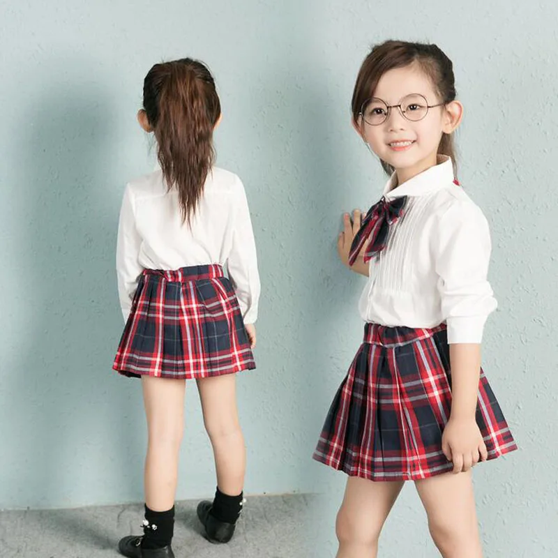 

Fashion Plaid Dress 3T-7T Princess Girl Costume Clothing Set Children's Uniforms Girl Student Dresses Simple White Shirt+Skirt