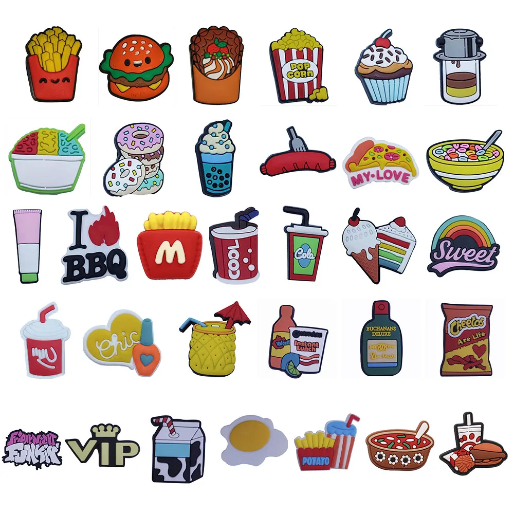 

50PCS PVC Shoe Charms Egg Waffles Potato Hamburger Coke Popcorn Pizza Garden Shoes Decoration Buckle Croc Jibz Kids Gift