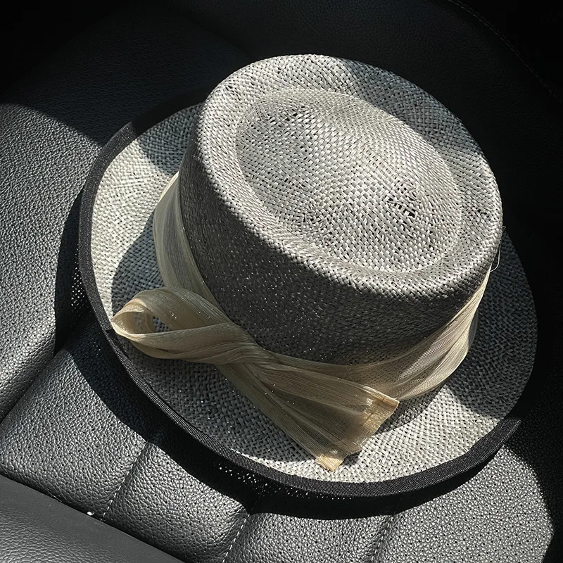 

202305-WN INS summer Handmade sisal grass light solid grace SMALL brim linen ribbon fedoras cap women panama jazz hat