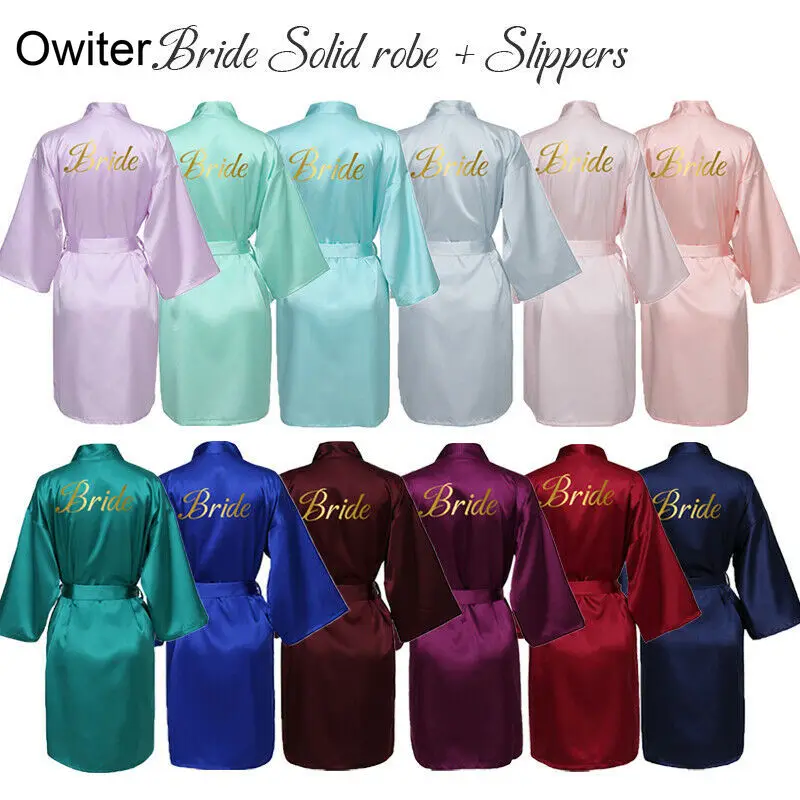 Women Robe Silk Satin Robes Bridal Wedding Robe Bridesmaid Robes Bride Robe Gown Solid Robe & Slippers