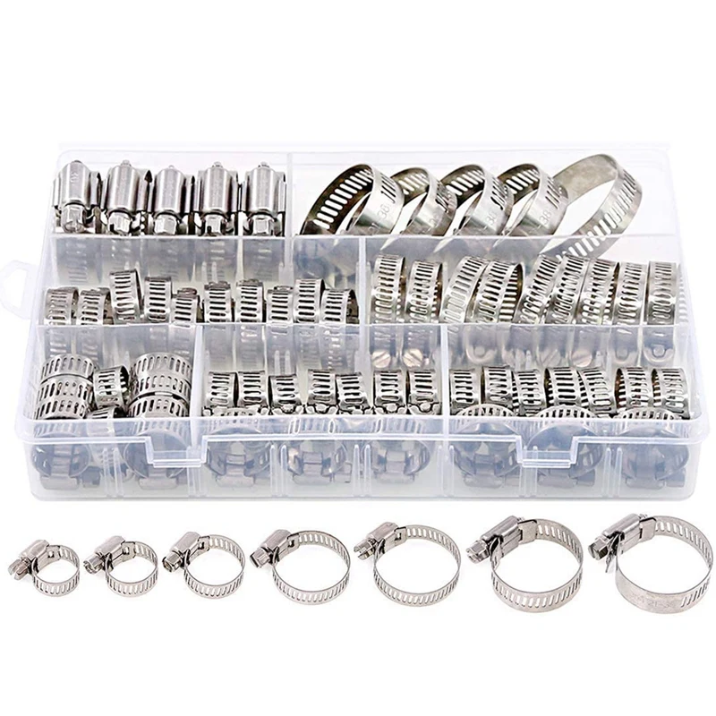 

120-Piece Hose Clamp Set, 8-38 Mm Pipe Clamps Made Of 201 Stainless Steel, 7 Sizes Hose Clamps, Hose Ties, For Pipes