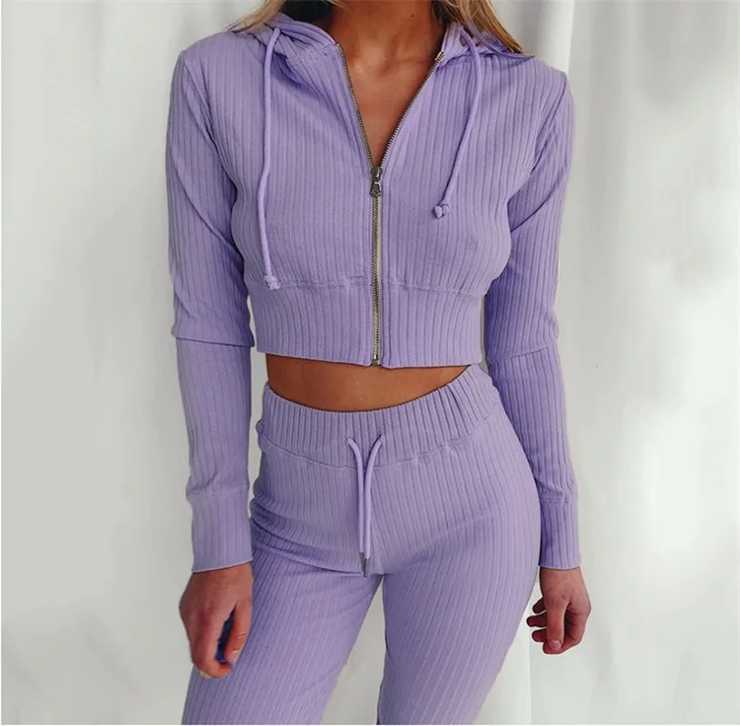 

2021 New Casual Homewear Pajama Suit Spring Women Two Piece Sets Hooded Long-sleeved Zipper Top + Pants Suit Outfits Indie Slim