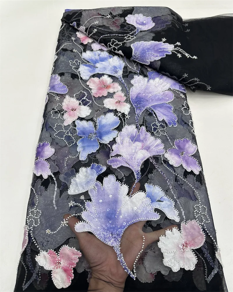 Новейшая роскошная 3D цветочная вышивка с блестками африканская кружевная ткань 5