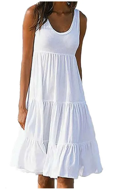 

Женский сарафан до колена без рукавов однотонное Плиссированное летнее платье с рюшами и круглым вырезом Повседневное платье