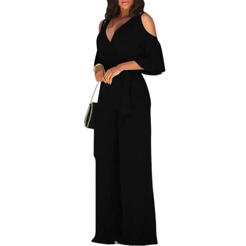

2022 Women's Casual Short Sleeve Solid Jumpsuit Sexy V-neck Jumpsuit