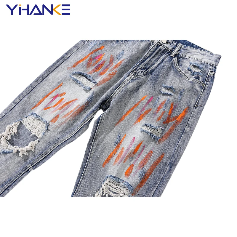 European and American High Street Tide Brand Ripped Jeans Men's Hip-hop Slim Small Feet Graffiti Ins National Tide Long Pants