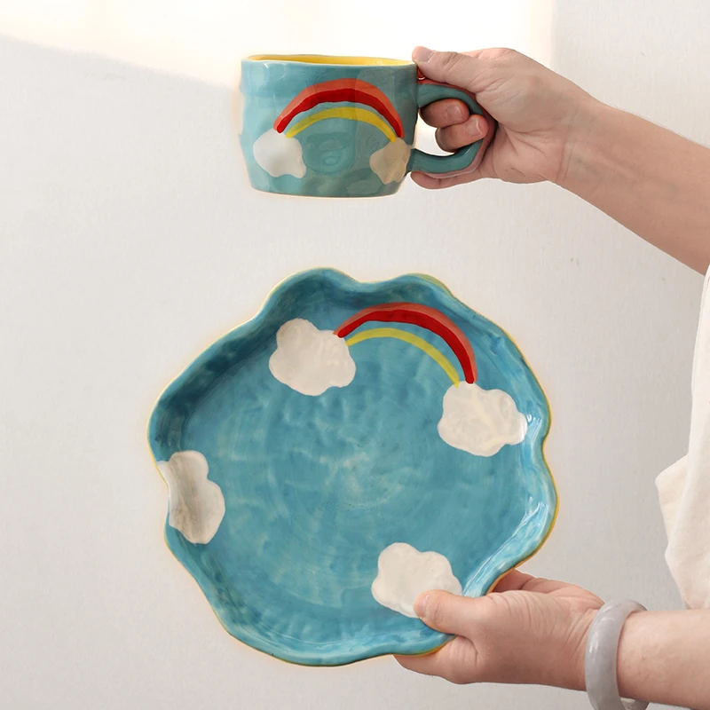 

Персонализированная Радужная кофейная кружка с ручной росписью и тарелкой, набор керамических чайных чашек, Красивая посуда, уникальные подарки на свадьбу и день рождения