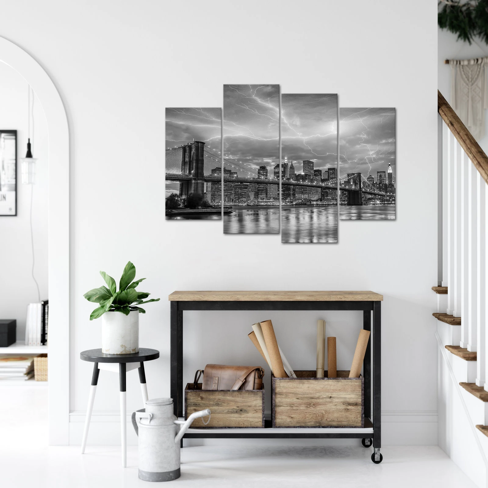 4 Pieces Thunder Over City Wall Art Posters Black and White Print Canvas Painting Modern Style Picture Living Room Home Decor