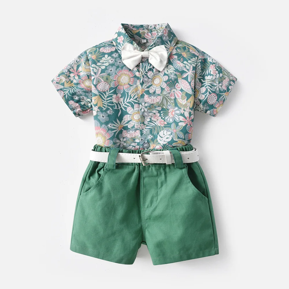 

Children's Clothing Boys Outfits 2022 Summer Flower Short Sleeve Boys' Pastoral Style Shirt Shorts Two-piece Set Free Belt