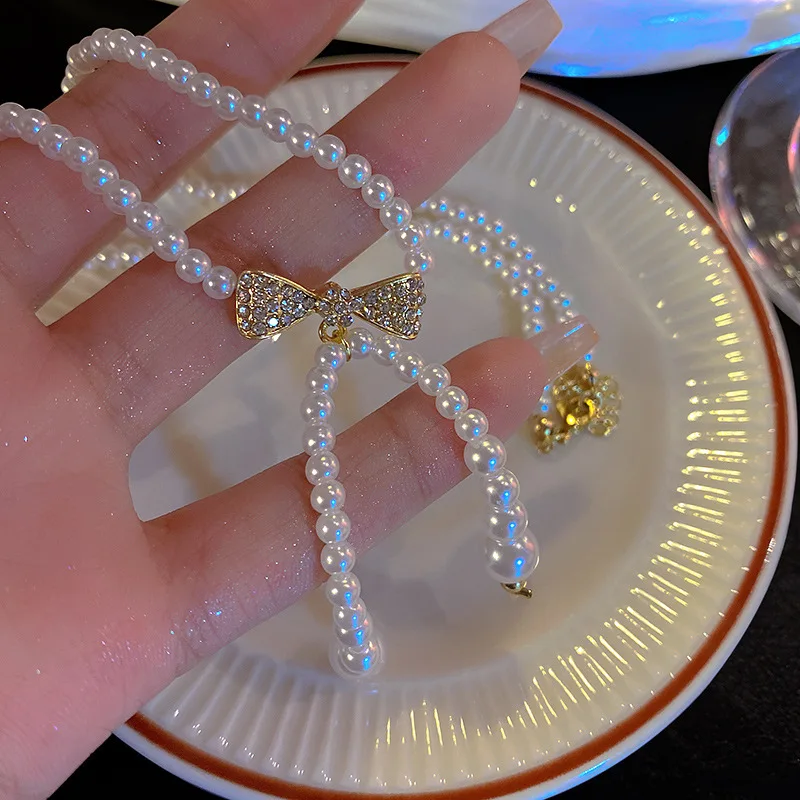 

2022 New Full Rhinestone Bow Pearl Necklace For Women Personality Simple Fashion Necklace Wedding Jewelry Birthday Gifts