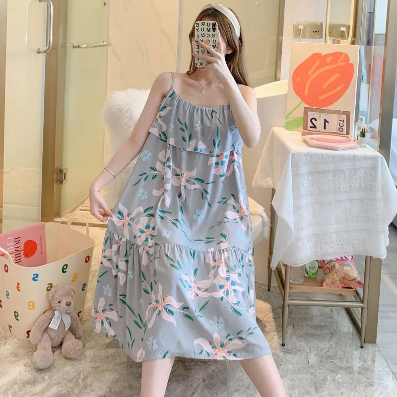 Summer Pajamas For Women Nightdress Suspender Sexy Backless Cotton Silk Printed Home Clothes Nightdress