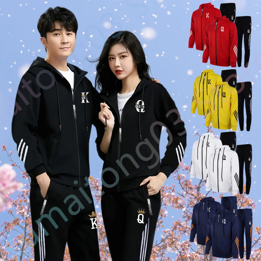KING QUEEN Print Couple Hoodie Suit Fashion Zipper Jackets+ Pants Tracksuit Men's Sportwear Jogging Brand Clothing Women Outfits