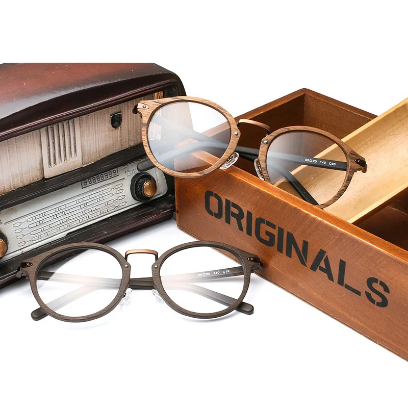 

Prescription Eyeglasses Frames For Men and Women Retro Round Wood Grain Optical Glasses Frame with Clear Lens