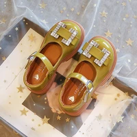 solid color children round head glossy simple korean style fashion 2022 spring new rhinestone girls kids simple loafers shallow