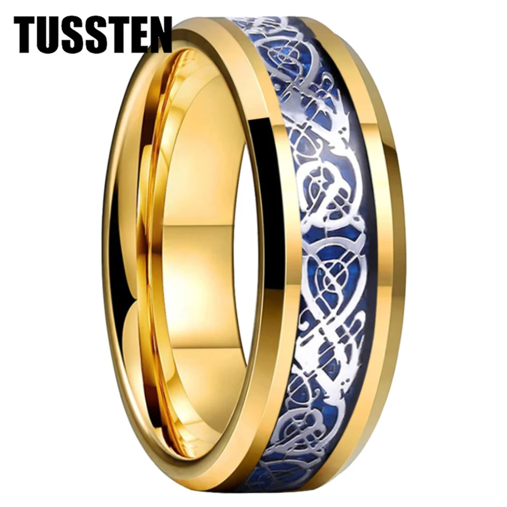 

Dropshipping TUSSTEN 8MM 3 Colors Men Women Wedding Band Tungsten Carbide Ring With Carbon Fiber And Dragon Inlay Comfort Fit