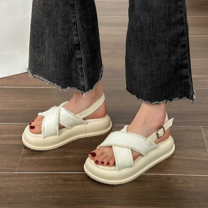 

Сандалии женские в римском стиле, толстая подошва, Джинсовые босоножки из денима, пляжные туфли Су, маленький аромат, лето 2023