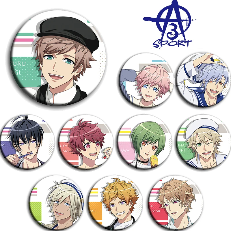 

10pcs/1lot Anime A3! Sakuma Sakuya Usui Masumi Minaki Tsuzuru Figure 893 Metal Badges Round Brooch Pin Badge Bedge Kids Toy