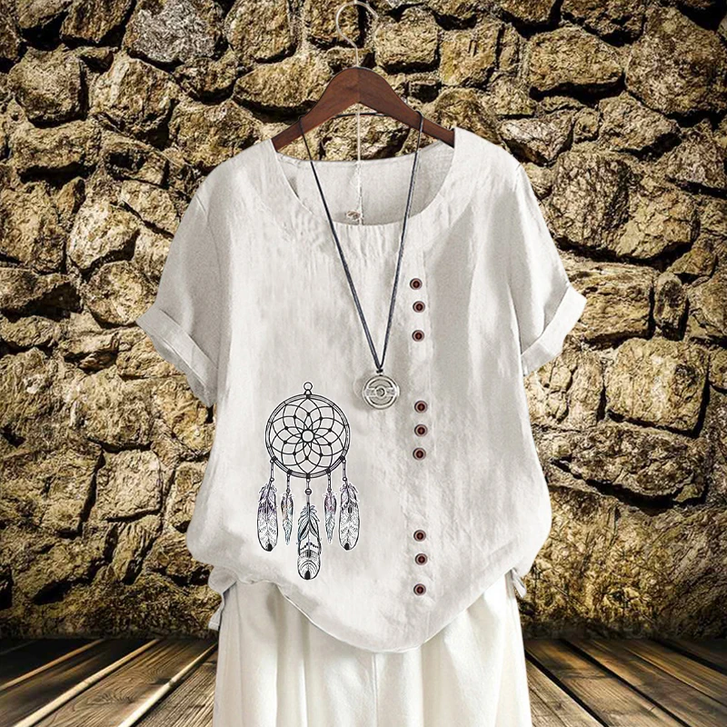 

2022 New Round Neck Cotton Linen Blouse Dreamcatcher Printed Loose T-shirt Breathable Summer Solid Color Short Sleeve Top XS-5XL