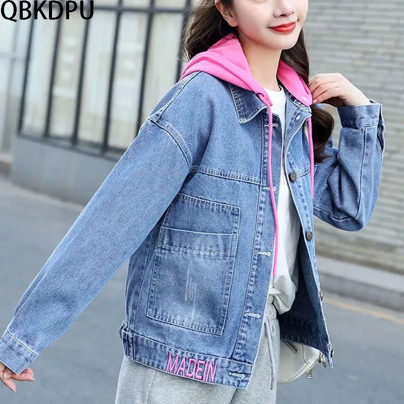 Spring Autumn Long Sleeve Hooded Streetwear Jeans Coat Leisure Female Double Pair Large Pockets Jacket Women Plus Size Outerwear