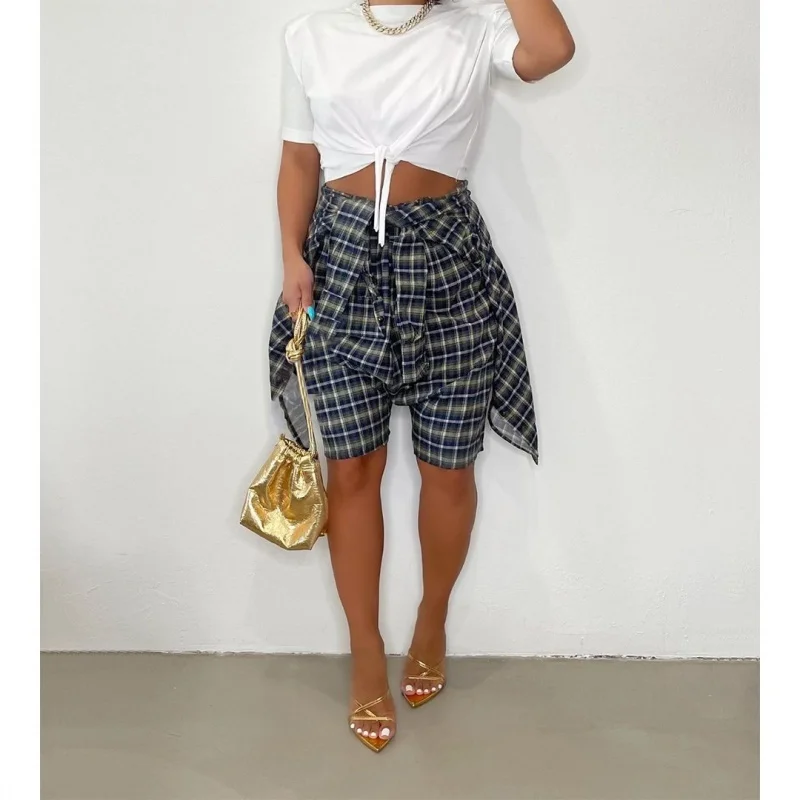 

Hot Plaid Bandage Women Shorts Fake 2 Piece High Waist Workout Short Pants 2022 Summer New Casual Activewear High Street Sweat P