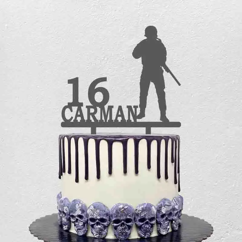 

Personalized Soldier Birthday Cake Topper Custom Name Age Man Holding Gun Silhouette For Army Fans Birthday Cake Decoration